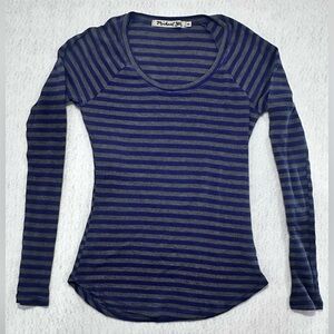 Michael Stars Blue and Gray Striped Long Sleeve Thermal Top